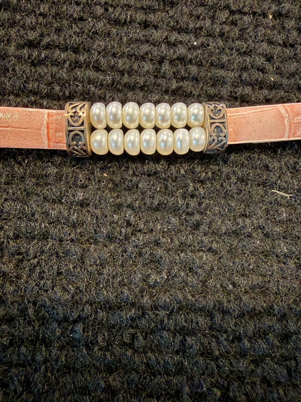 STERLING SIGNED PINK LEATHER GENUINE PEARL BEACELET 6.75-7.75 INCHES